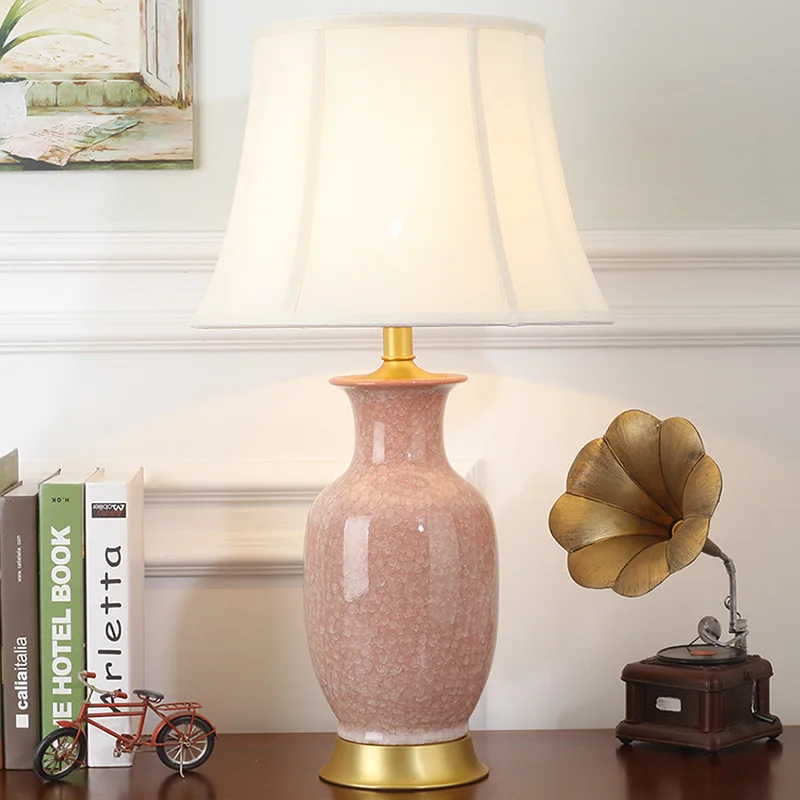 OURFENG Luxury Table Lamps Pink Ceramic Copper Bedside Desk LED Lamp Decorative For Home Study Foyer Office Bed Room
