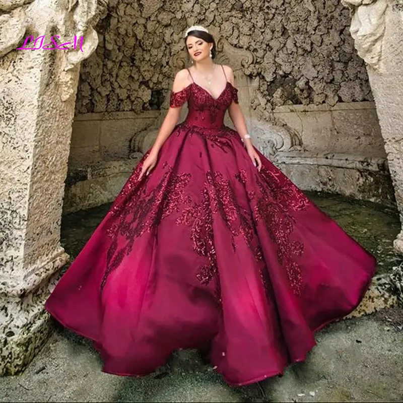 Sweet 15-Robe de Bal de Princesse en Satin Bordeaux, Tenue Formelle à Bretelles Spaghetti, avec des Appliques en Dentelle, 2021