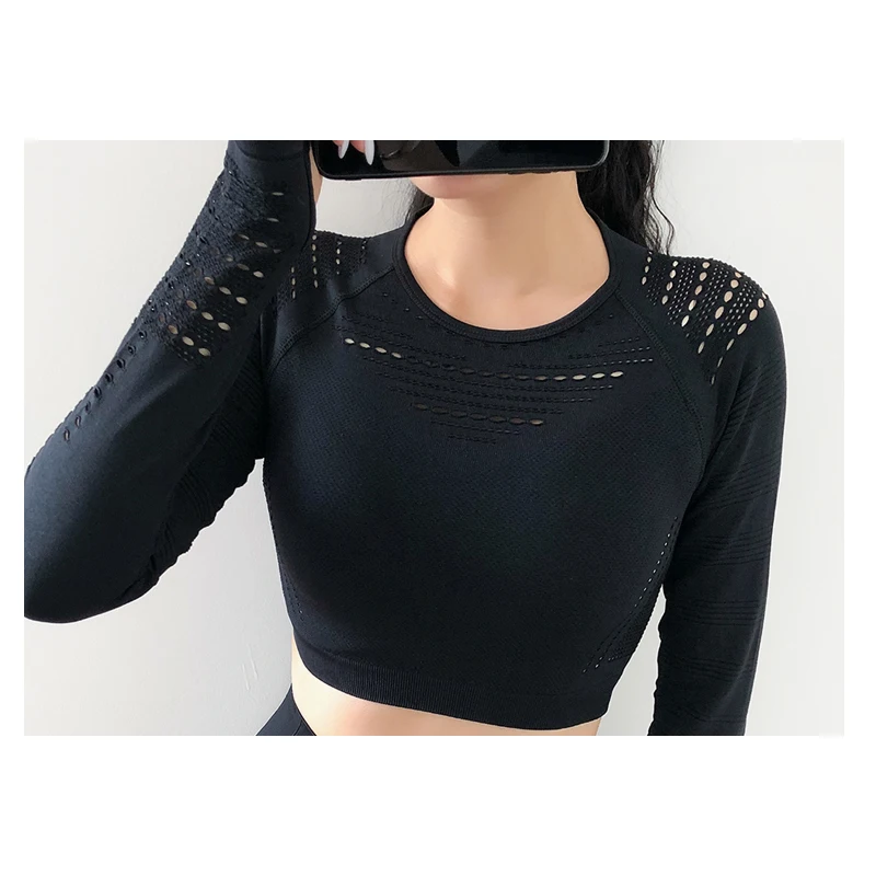 2021 New Women\'s Fitness T-Shirt Sport Crop Top Long Sleeve Layer Crew Neck Power Stretch  Yoga Crop Top Sexy Gym Clothing