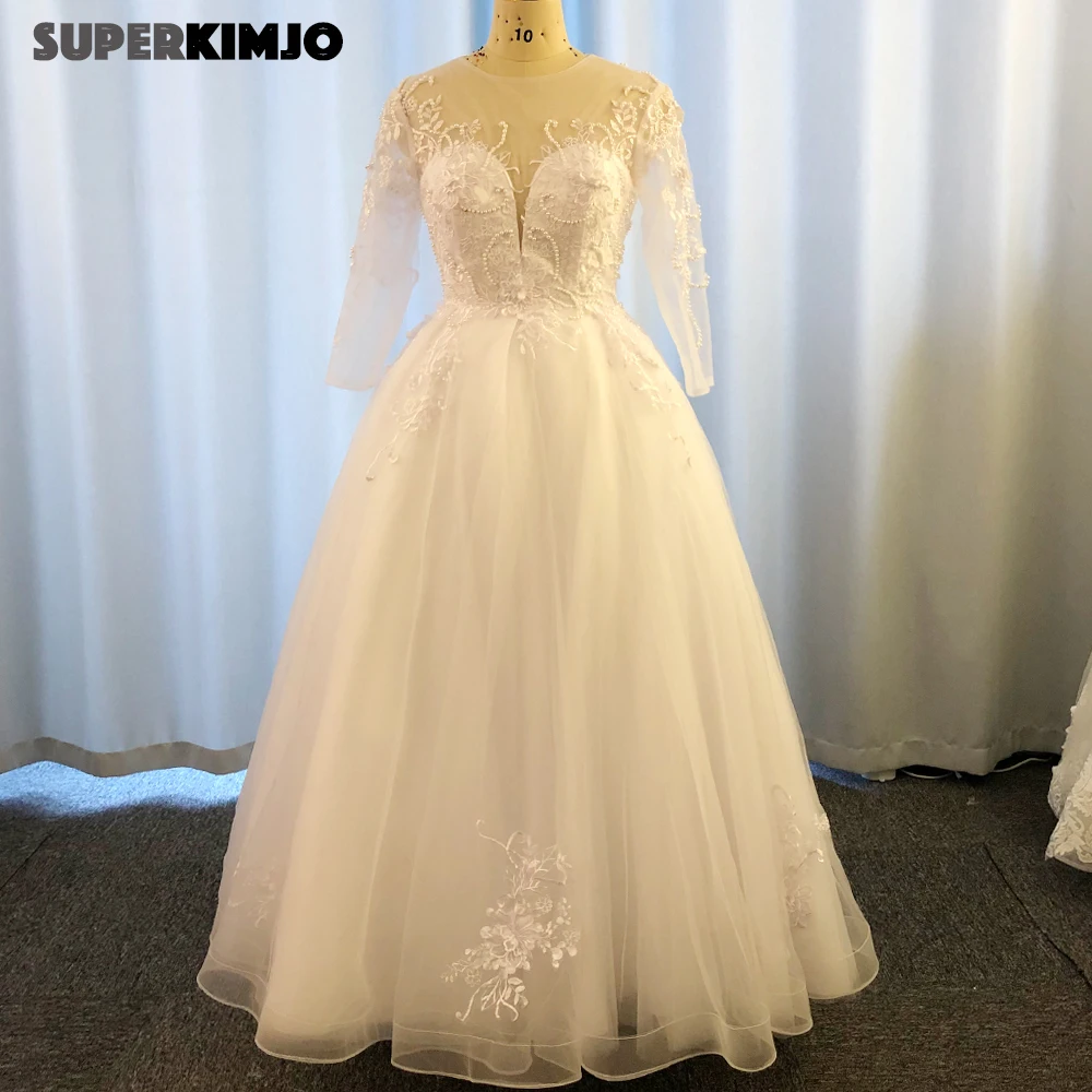 Vestidos de novia transparentes con cuello redondo, Apliques de encaje, flores hechas a mano, perlas, vestido de novia, 2020