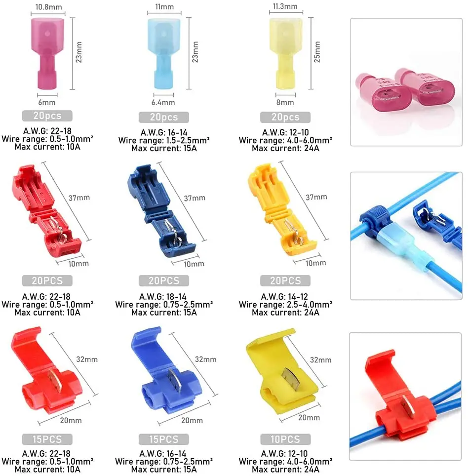 Cabo Fio Conector Terminal, Terminais Crimp, Conector Splice, 22 a 10AWG, 160 Pcs