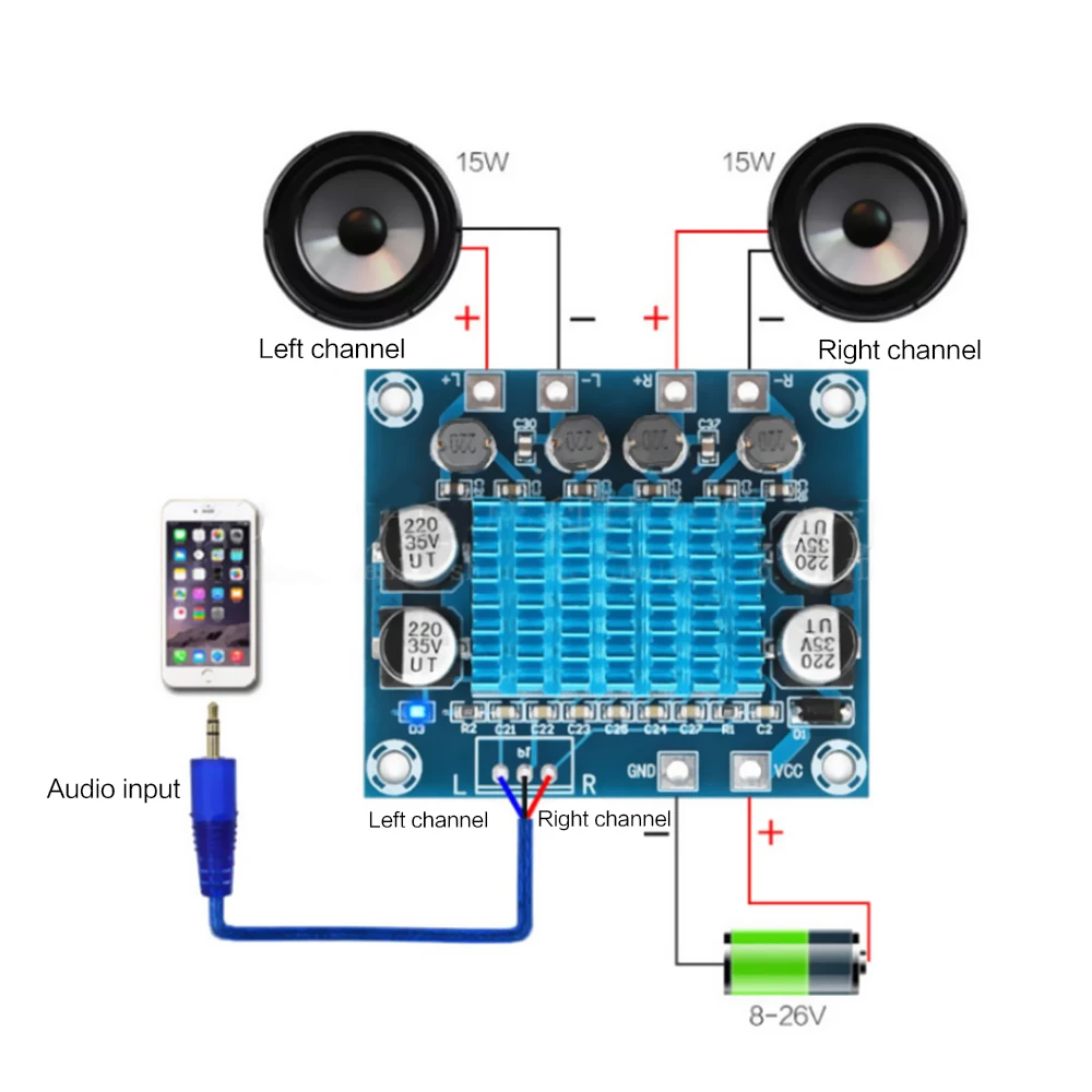 1PCS DC 8-26V 3A XH-A232 30W+30W 2.0 Channel Digital Stereo Audio Power Amplifier Board