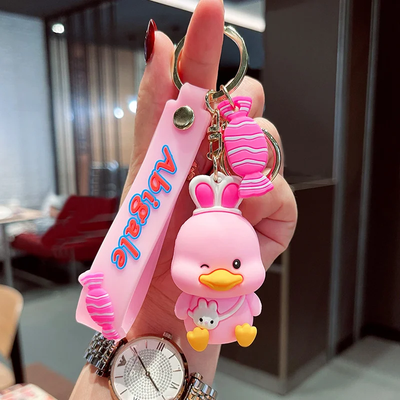 Imagem -05 - Pvc Mochila Pato Chaveiro Bonito Criativo Amarelo Rosa Patinho Doces Trinket Carro Chaveiro Mochila Pingente Boneca de Borracha Macia