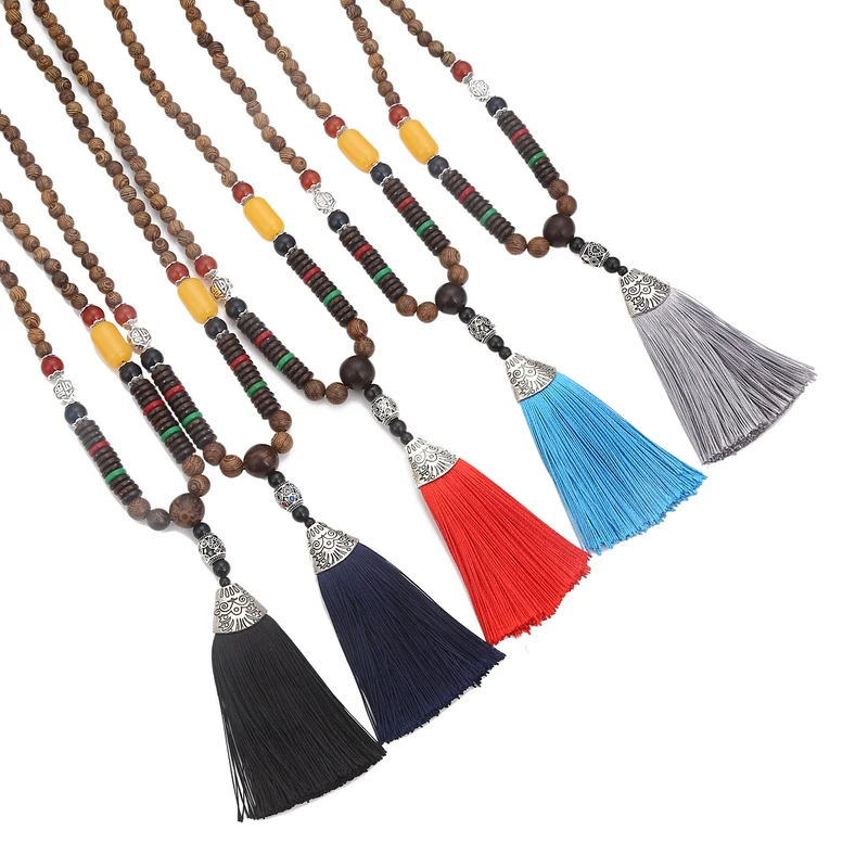 

LOVBEAFAS Bohemian Long Tassel Necklace Women Fringe Vintage Statement Crystal Wood Beads Boho Pendants Necklaces Jewelry Bijoux