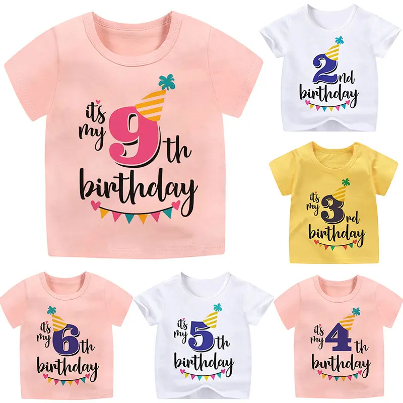 

Birthday Year Letters print T Shirt kids clothes Summer 2021 Boys Girl Children's Number Graphic Tshirt White Pink Yellow shirt