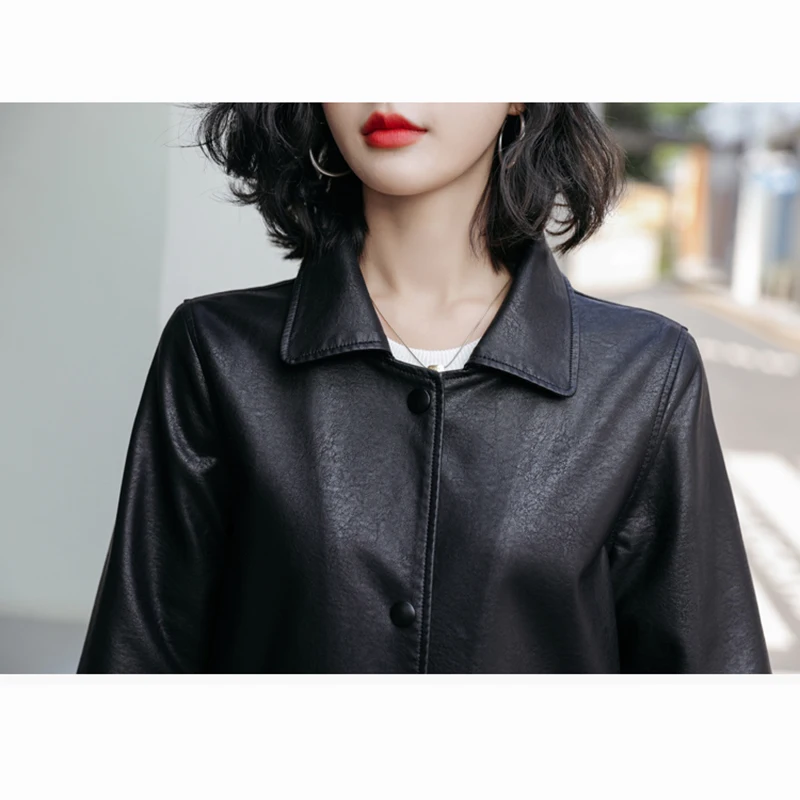 New Women Biker Leather Jacket Spring Autumn 2024 Fashion Solid Long Sleeve Loose Short Sheepskin Leather Outerwear Casual Tops