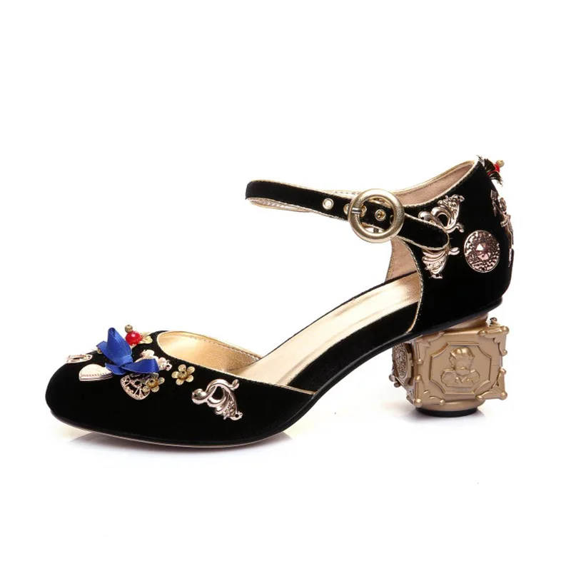 Phoentin blue velvet mary jane shoes flowers heart-shaped decoration strange metal heels butterfly knot buckle pumps shoes FT268