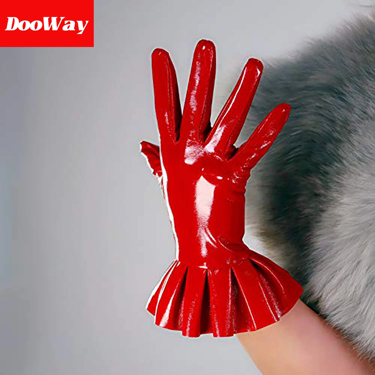 DooWay Women Red Fashion Short Dressing Gloves Ruffle Trim Shine Wet Look Faux Patent Leather 25cm For Evening Dance Costume