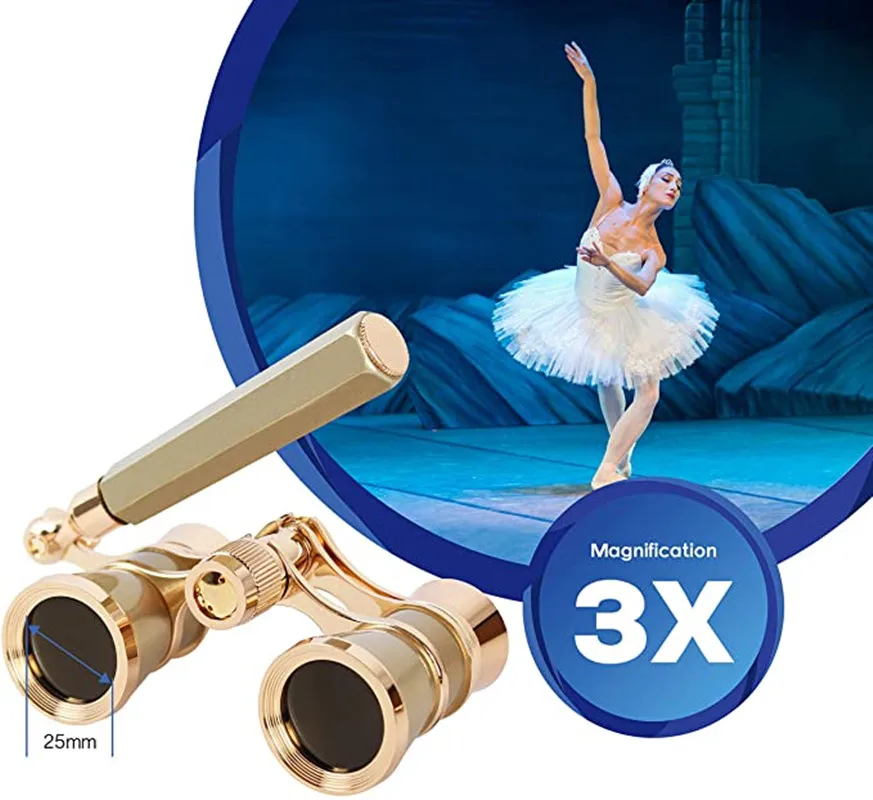 Opera Glasses Binoculars 3X25 Theater Glasses Mini Binocular Compact with Handle for Adults Kids Women in Musical Concert（Gold）