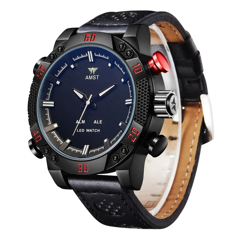 Sports Watch Men Waterproof Quartz Japan Movement Alloy Round Big Dial Leather Strap Man Watches LED Dual Display Clock AMST3016