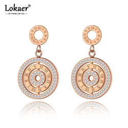 Lokaer Titanium Stainless Steel Geometric CZ Crystal Dangle Earrings For Women Classic Roman Numerals Wedding Jewelry E20047