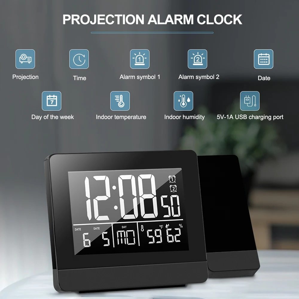 Geevon Projection Clock With Temperature And Humidity Table Watch USB Digital LED Date Snooze Function Projector Alarm Clocks