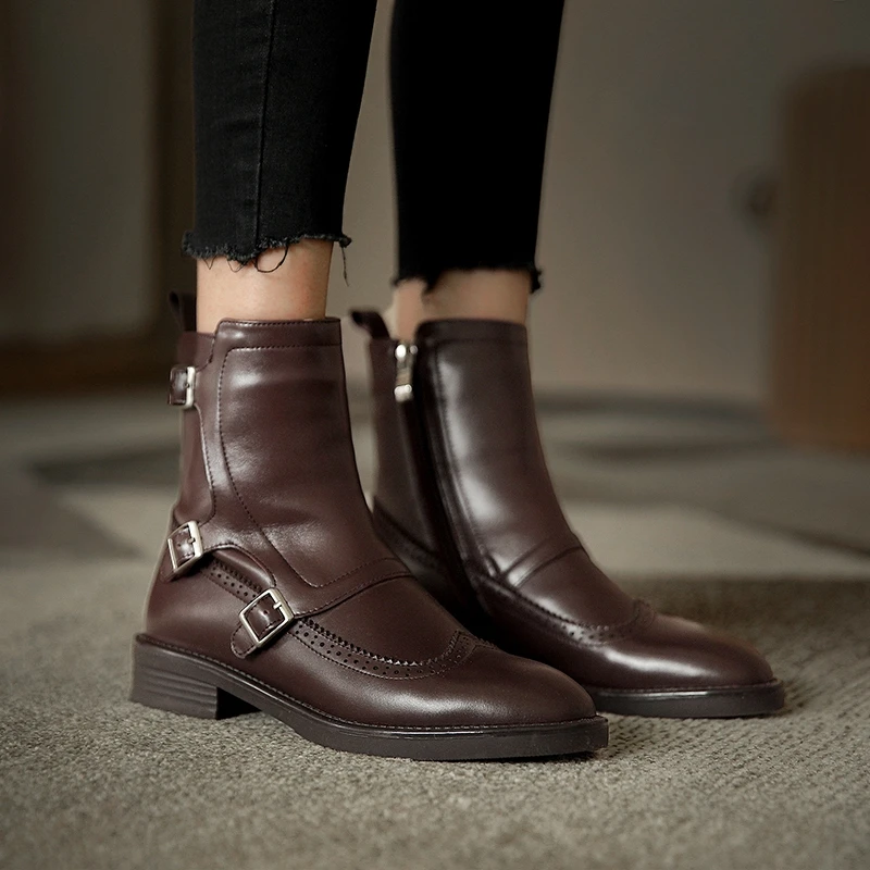 2020 jesień nowa damska klamra Chelsea Boots Handmade oryginalne skórzane buty z zaokrąglonym czubkiem jakości klamra kwadratowe buty na niskim