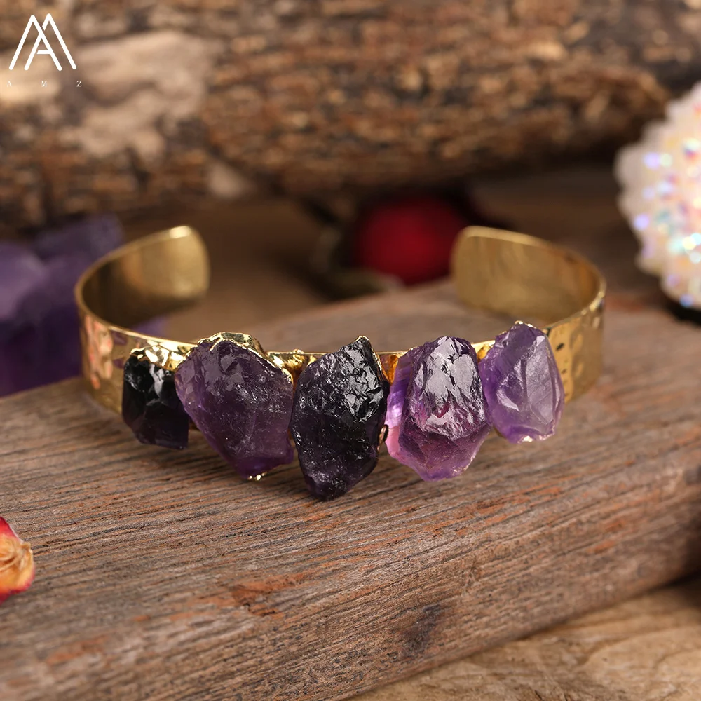 Luxury Women Natural Stone Beads Open Cuff Wristband Bracelet Amethysts Quartz Black Tourmaline Bracelet Jewelry Dropship Gift