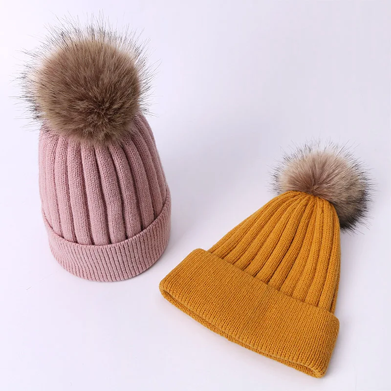 Winter Knitted Beanie Hat With Faux Fur Pompon For Women Winter Outdoor Warm Crochet Wool Hat Fashion Solid Color Ski Cap Bonnet