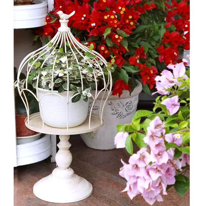 Outdoor Distressed Wrought Iron Crown Birdcage Flower Stand Balcony Terrace Ornaments Crafts Garden Lawn Furnishing Decoration