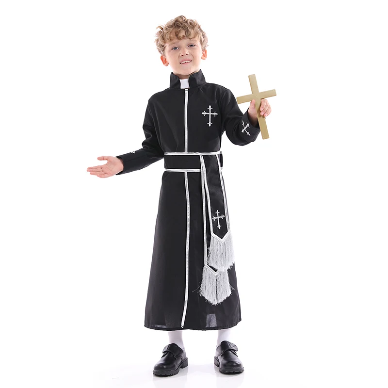 Priest Costume Kids For Halloween Party Pastor Outfit With Belt Boys Child’s Bible Pastor Robes Clergyman Minister Costume