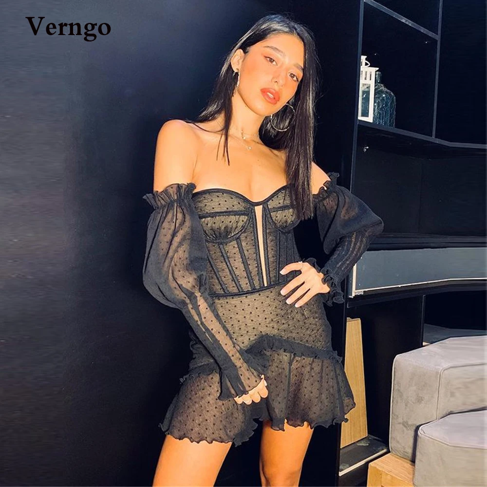 

Verngo Black Dotted Tulle Cocktail Dresses Puff Long Sleeves Sweetheart Corset Mini Prom Gowns Sexy Lady Formal Party Dress