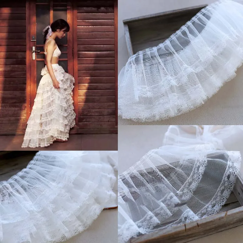 

12Meters 14cm Width Luxury White Tulle Lace Fabric Elastic Ruffle Trim Ribbon Collar Cuffs Skirts Hem Splice Sewing Supplies