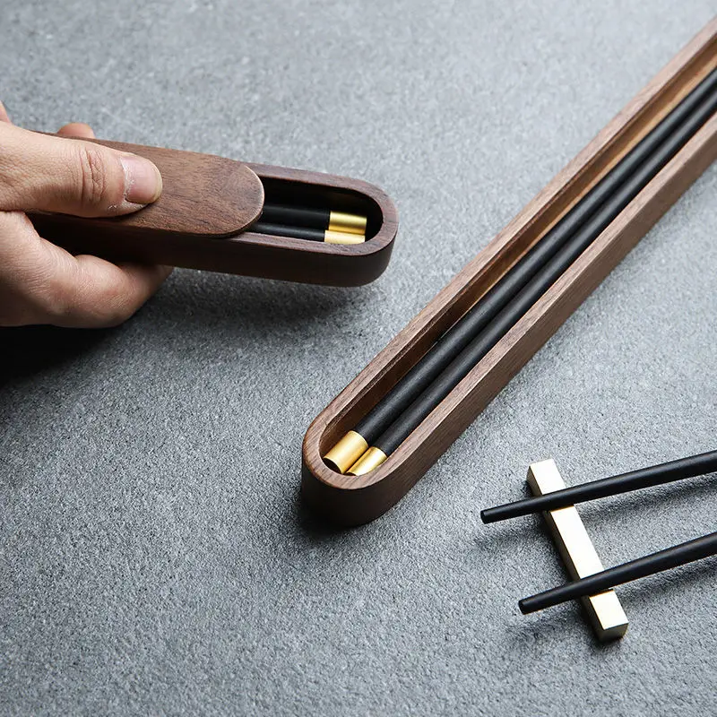 Chinese High-end Ebony Chopsticks Brass Household Chopsticks No Paint, No Wax, Non-slip Wooden Box Portable Set Tableware