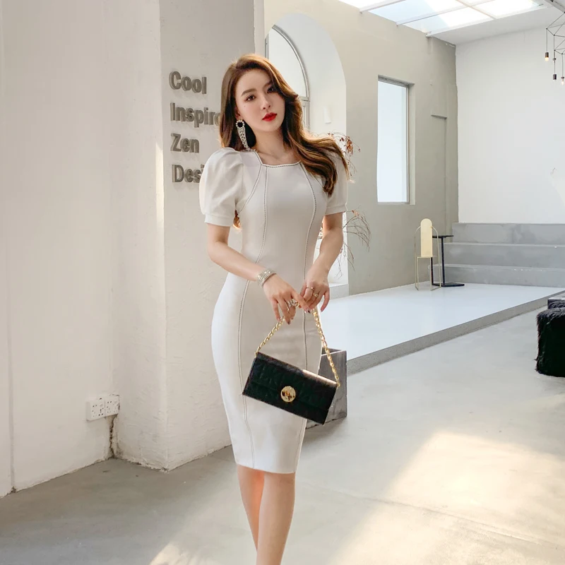 Elegant Office High-end Sexy Party Classy Dresses Women Square Collar Short Sleeve Vintage Bodycon Sheath Bandage Dress Vestido