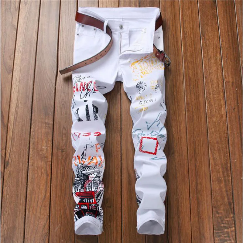 

New Fashion 2021 Men's Color Printed Skinny Jeans Pantalon Hombre Design Nightclubs Singers Young Slim Pants Men Jeans