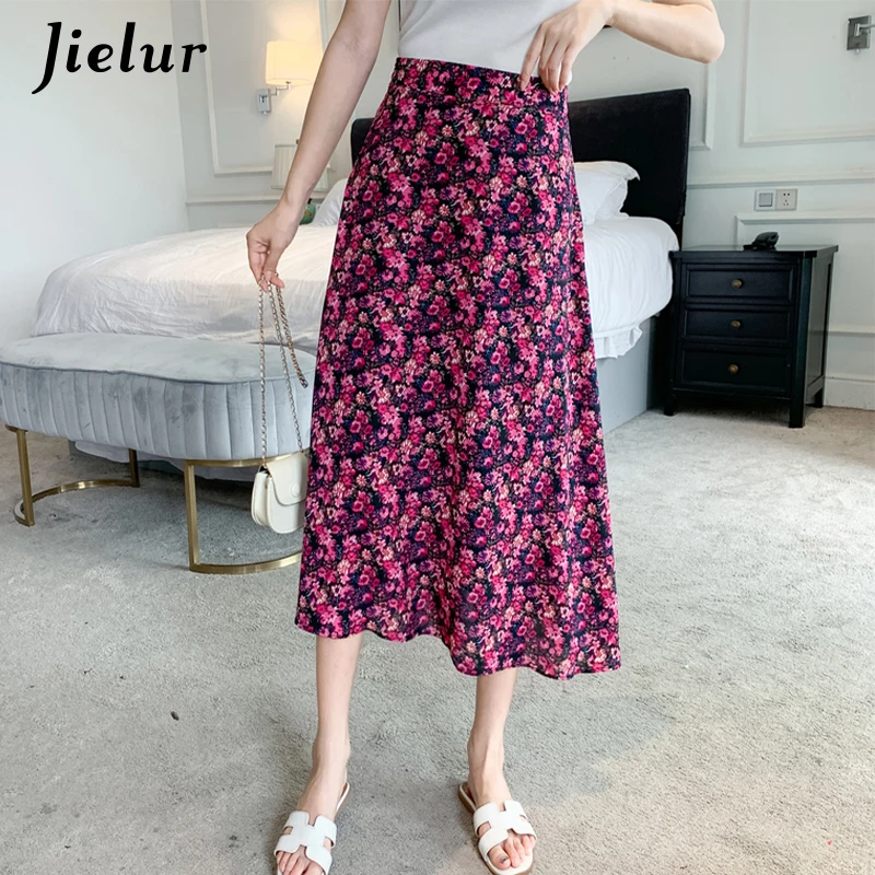 Jielur 2021 Fashion Floral Chiffon Rock Weibliche Lose A-linie Hohe Taille frauen Röcke Romantische Ölgemälde Druck Dame Faldas