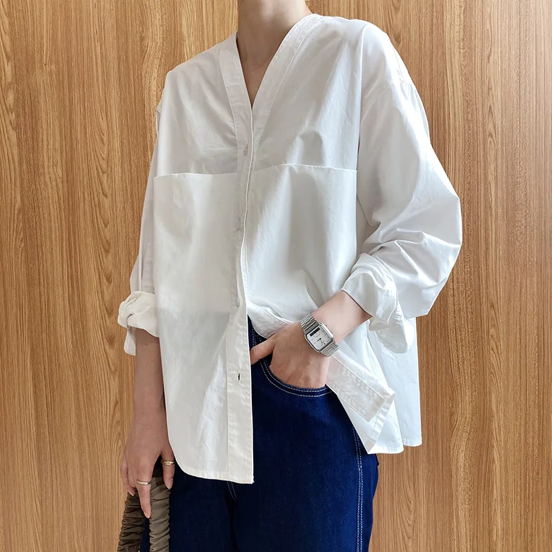 

2020 Early Autumn Two Pocket Women White Shirt Female Tops Long Sleeve Casual V-neck OL Style Women Loose shirts