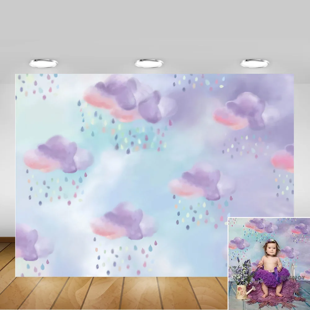 Rainbow Rain Sweet Children Birthday Artistic Backdrop Photo Studio Purple Watercolor Painting Sky Background Photography Props