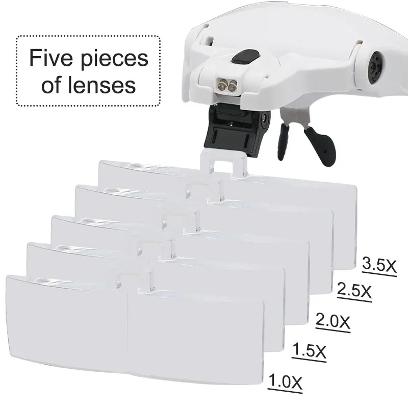 Lente d'ingrandimento per occhiali illuminata a LED lente d'ingrandimento per casco 5 pezzi strumento per lenti per orologio riparazione ciglia dentali