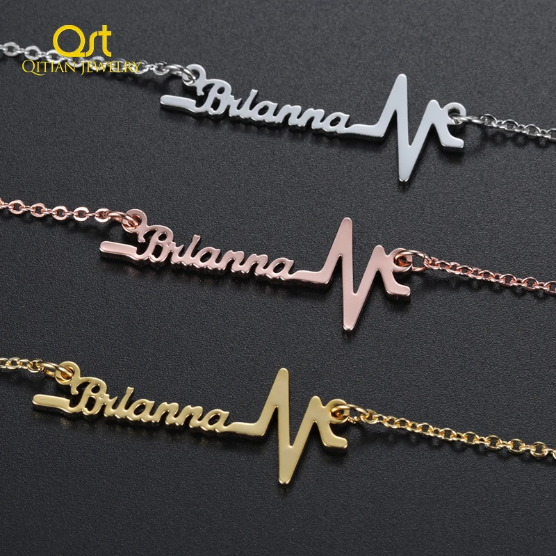 

Personalized Heartbeat Symbol Name Necklace&pendants Custom High Stainless Steel Jewelry Nameplate Electrocardiogram Choker Gift