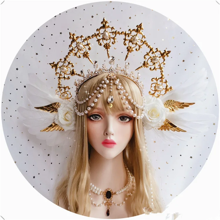 Lolita Sun Godmother's Crown copricapo KC Gothic White Rose Angel Wings Virgin Mary Bead Chain barocco Tiara accessori per capelli