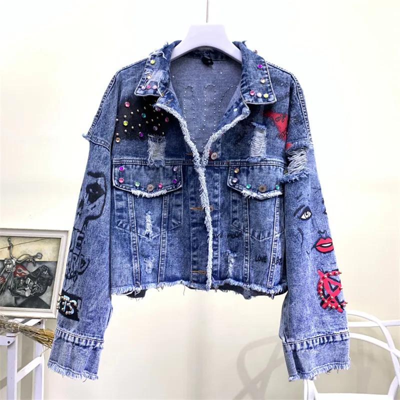 2024 New Autumn Women Denim Jacket Graffiti Alphabet Printing Color Beading Holes Jeans Jacket Casual Fashion Student Basic Coat