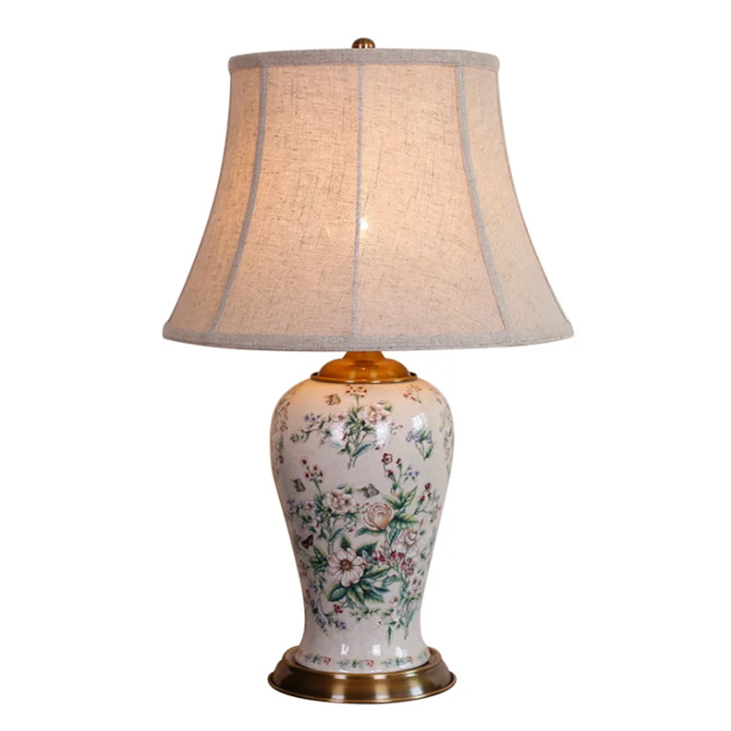 

European Palace Flowers Ceramic Table Lamp Foyer Entrance Bedside Wedding Decor Porcelain Classical Desk Nighting Light 65cm D42