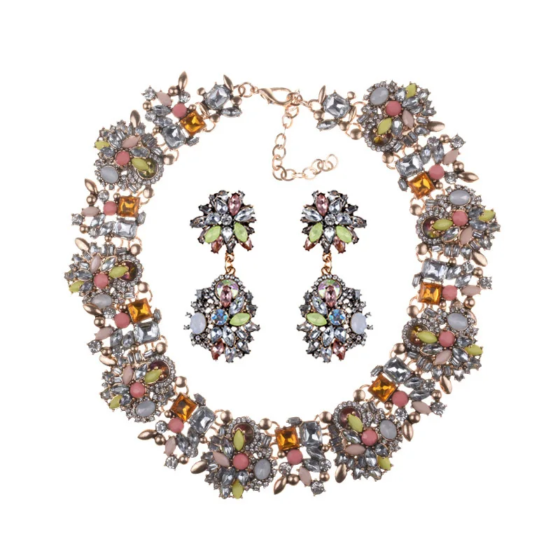 Luxury Crystal Rhinestone Necklace Earrings Jewelry Sets Women Indian Statement Large Collar Choker Necklace Wedding Jewelry