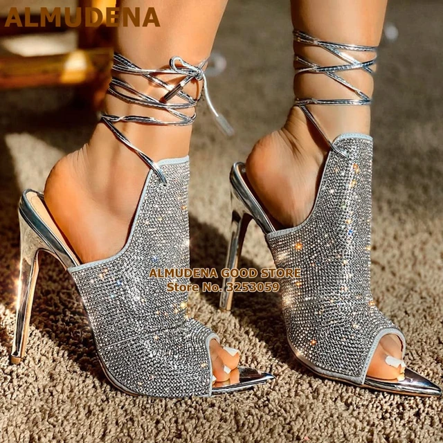 ALMUDENA Silver Lace Up Rhinestone High Heels Open Toe Strappy Bling Bling Wedding Shoes Pointed Toe Glitter Sandals Dress Shoes AliExpress