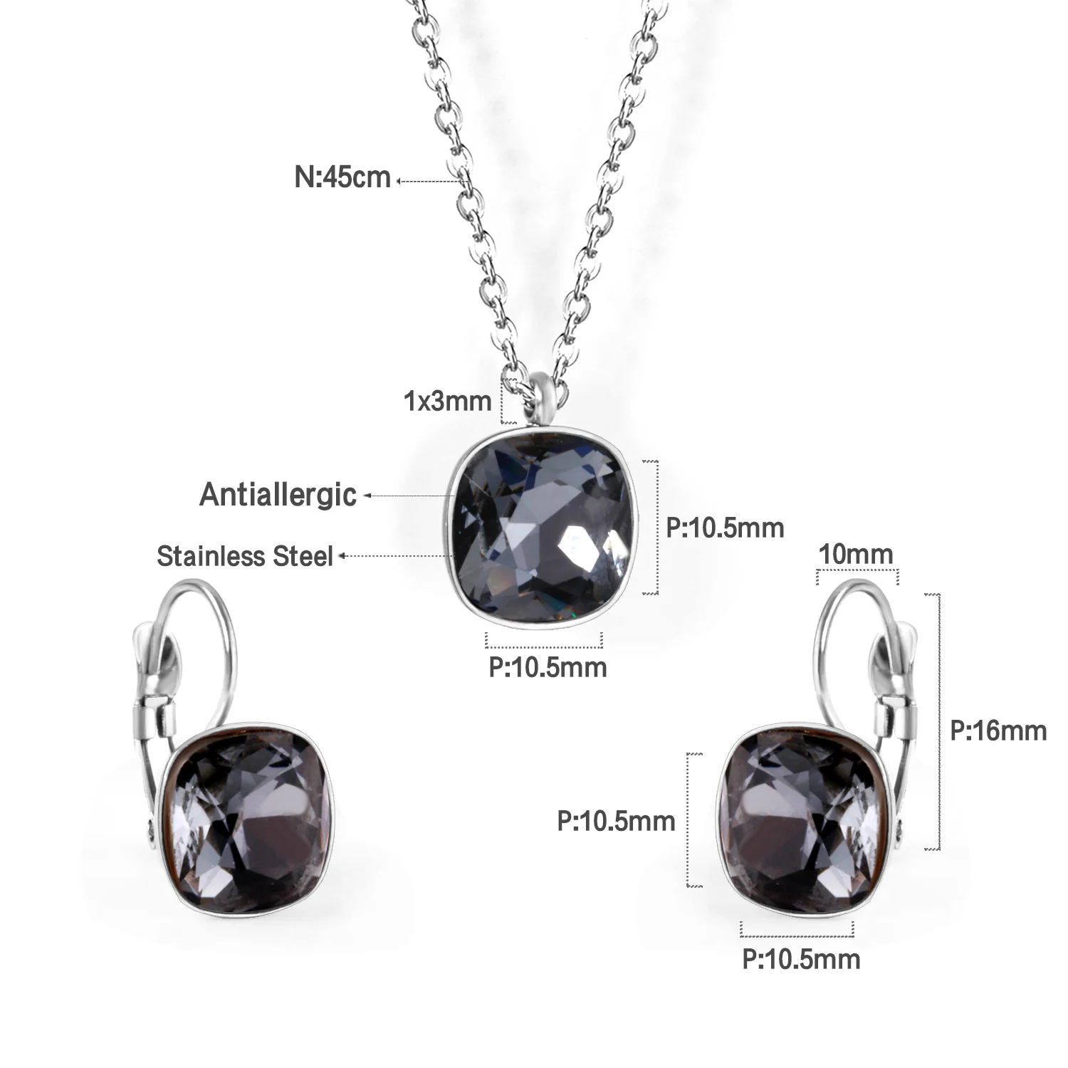 Square Multiple Color Crystal Pendant Necklace & Earrings Set
