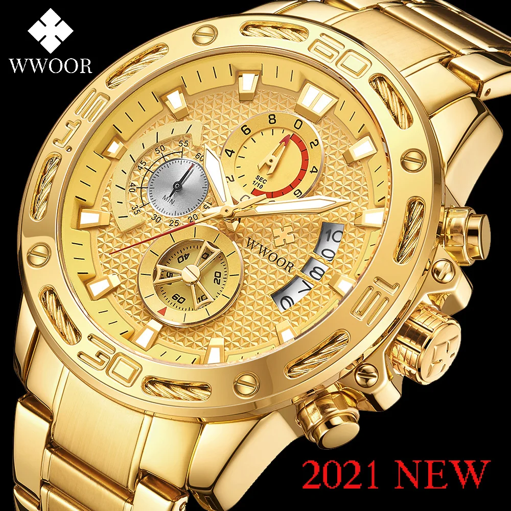 Wwoor 2021 New Men Watches Top Brand Luxury Gold Stainless Steel Quartz Watch Waterproof Sport Chronograph Relogio Masculino