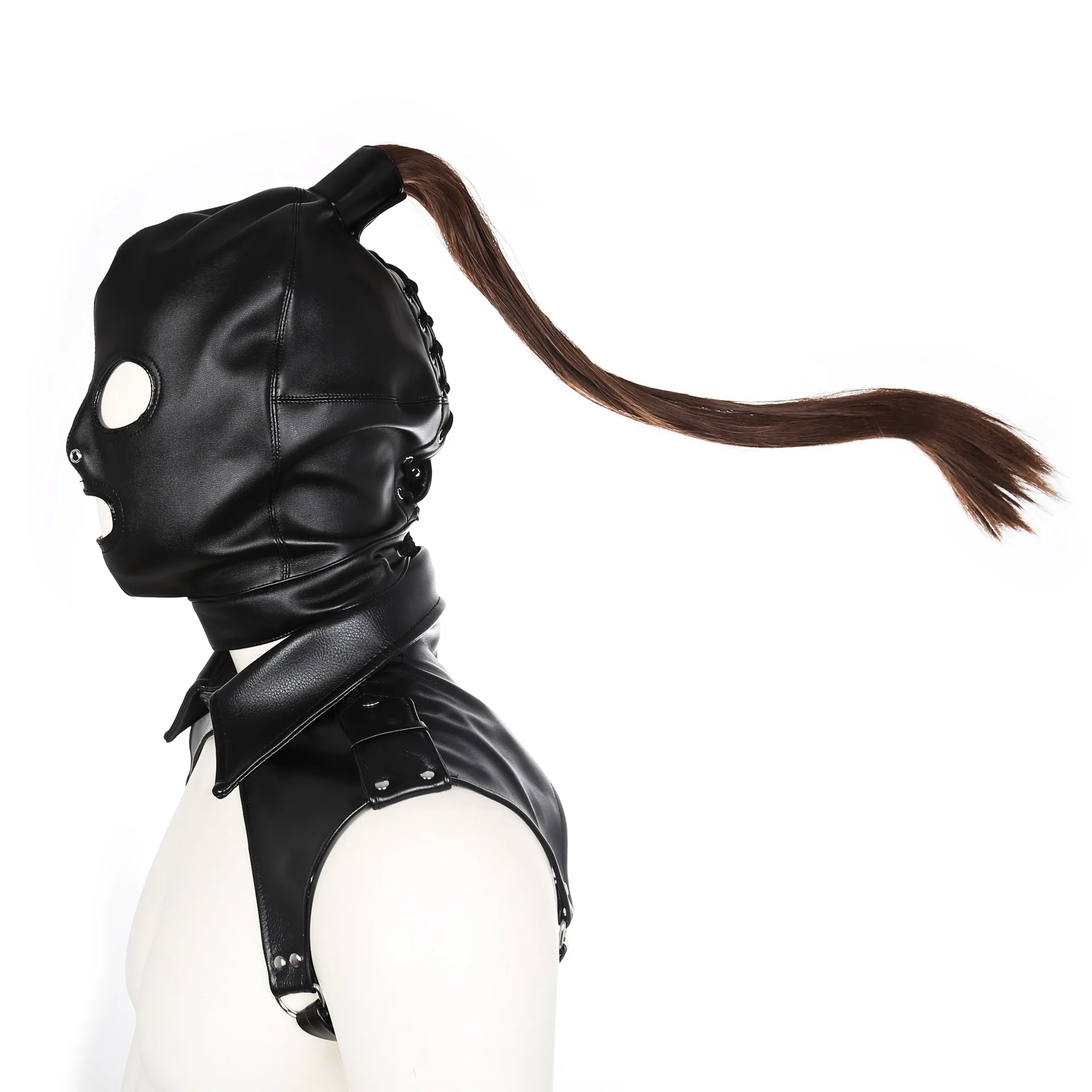 Exotic Accessories of Gay Men Leather Tank harness Bdsm Open Mouth Bondage Hood Mask with Braid Tail for Fetish Cosplay Sex Toys