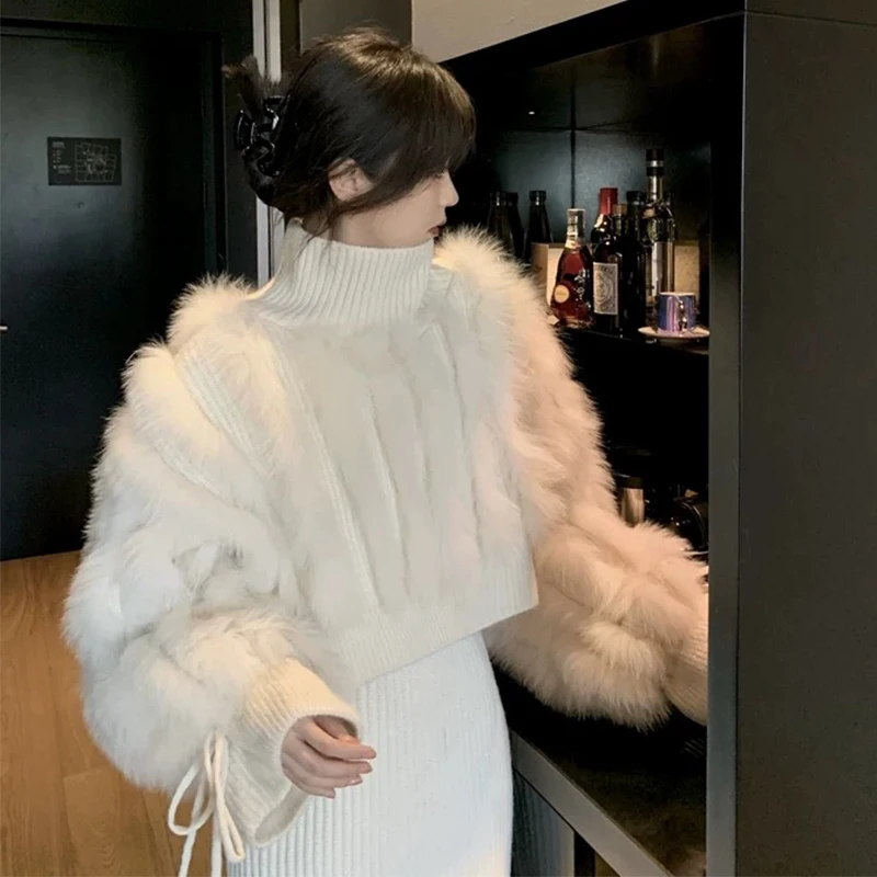 Women Fashion Real Fox Fur Strip Knitted Turtleneck Sweater Real Fur Trim Loose Autumn Spring Short Sweater Coat