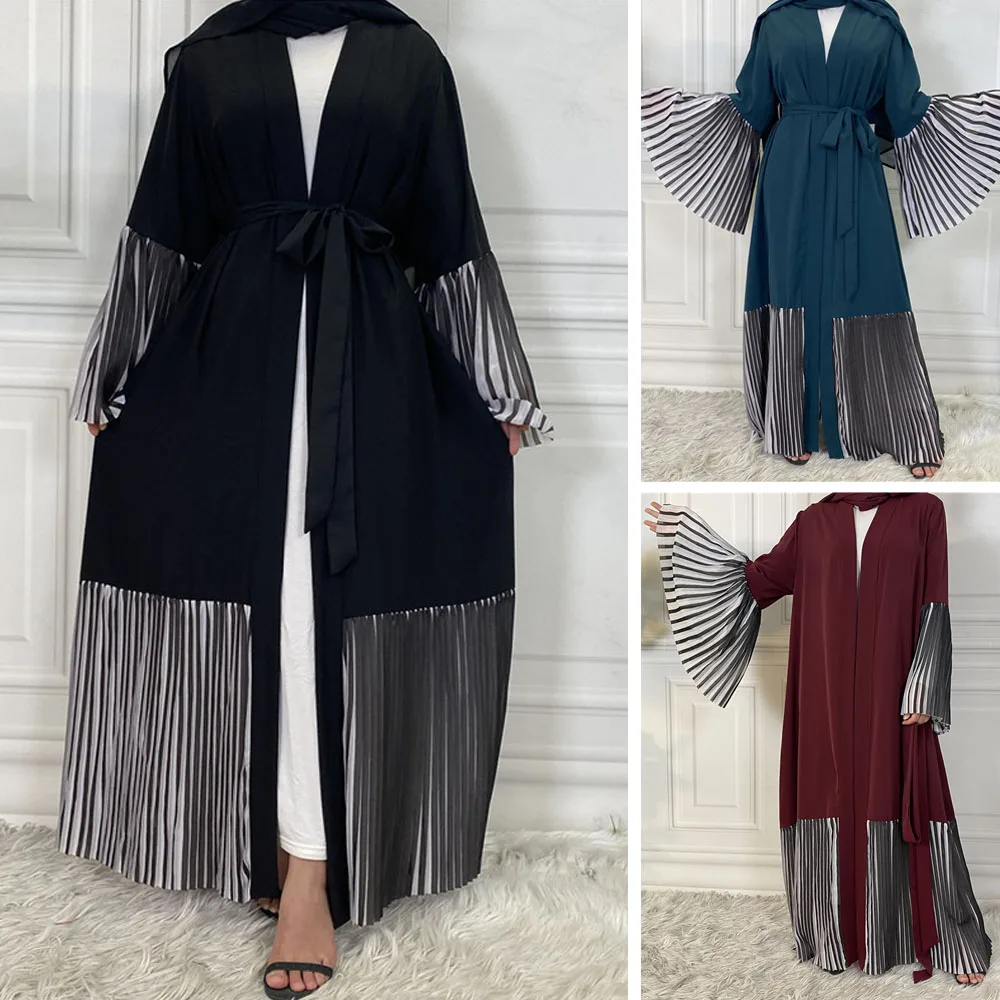 Abaya Patchwork pieghettato musulmano per le donne sera arabo Jilbab islamico Ramadan caftano Maxi abito aperto Kimono medio oriente moda