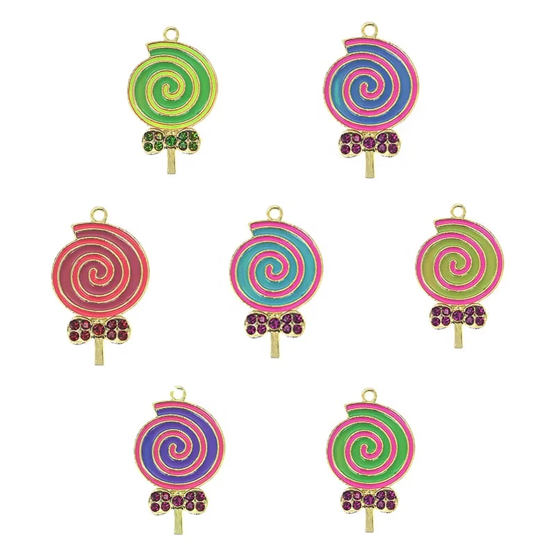 Colorful Crystal Enamel Lollipop Pendant Necklace Rhinestone Lollipop For Kids DIY Tiny Charm Pendant