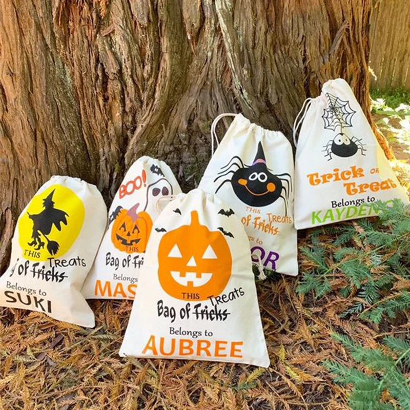 20Pcs/Lot Halloween Gift Bag Trick Or Treat Pumpkin Candy Sack Canvas Hand Bags 12 style Halloween Gift Bag With Drawstring