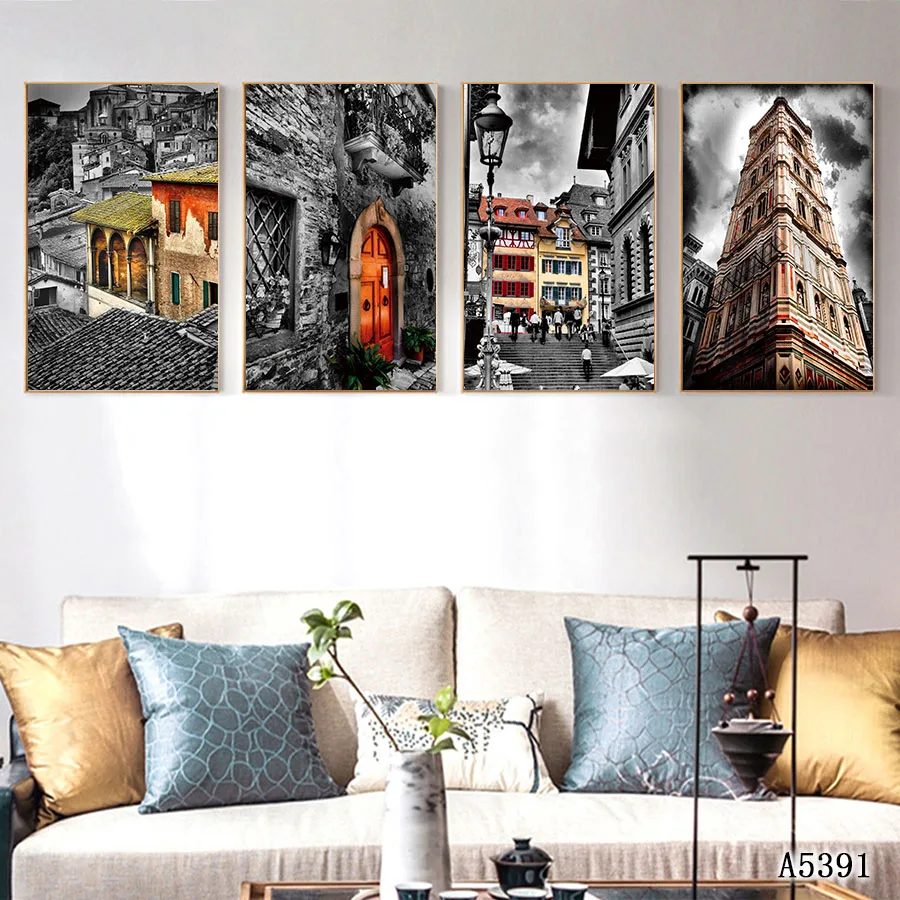 Abstract Oil Painting Print on Canvas 4pcs Paris Tower London Booth Bus View Canvas Art Printing Wall Art Picture for Home Decor