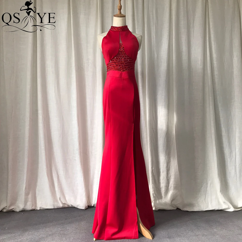 Halter Neck Red Evening Dress Mermaid Long Prom Gown Bead Crystal Elegant Red Party Dress High Neck Sexy Split Women Formal Gown