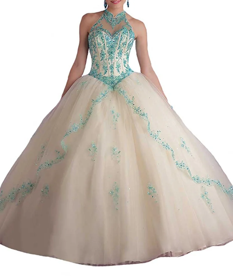 Azul real meninas doce 16 quinceanera vestidos halter rendas apliques vestido de baile vestido de baile tule vestido de casamento fiesta