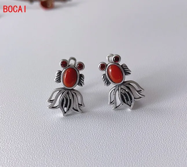 

S925 silver retro distressed Thai silver jewelry classic southern red small carp female earrings