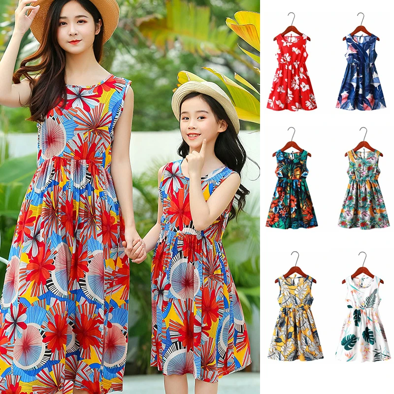 Family Matching Clothes Beach Summer Mother Daughter Dresses Women Floral  Dress Baby Girl Dress Mom Baby Girl Party Clothes