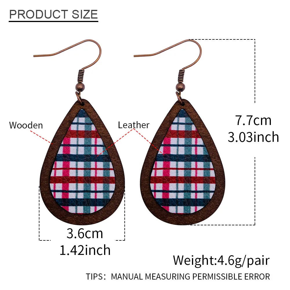 Vintage Waterdrop Cork Leather Earrings For Women Bohemian Fashion Star Plaid Print Female Wooden Jewelry Christmas Gift