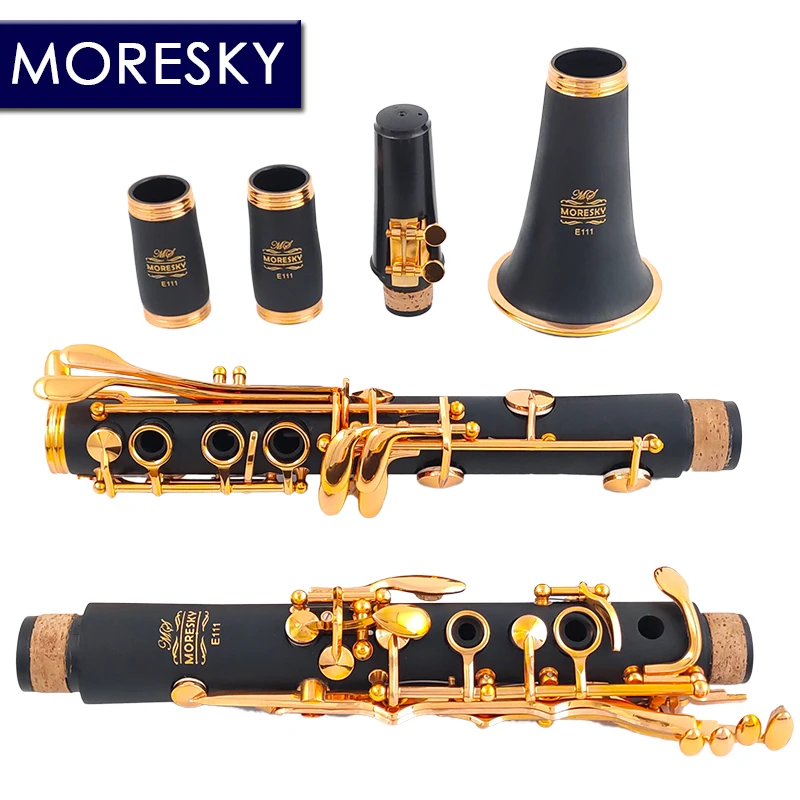 MORESKY Bb Clarinet Lacquer Gold 17 Keys Sib Klarnet Black Clarinete E111